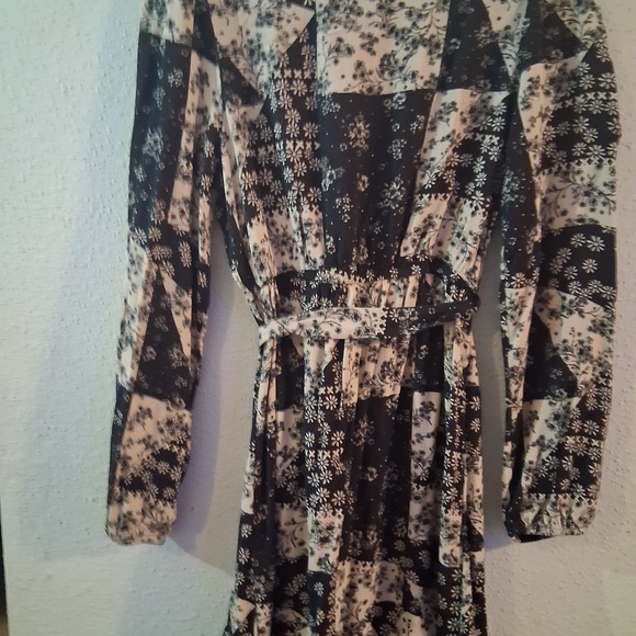 SO Floral Faux Wrap Mini Dress | Long Sleeve Black & Cream Patchwork Print - Picture 3 of 8